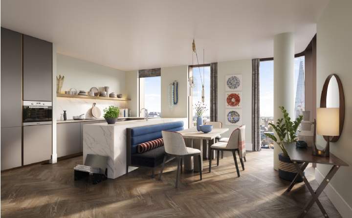 Kitchen and dining area in Triptych Bankside